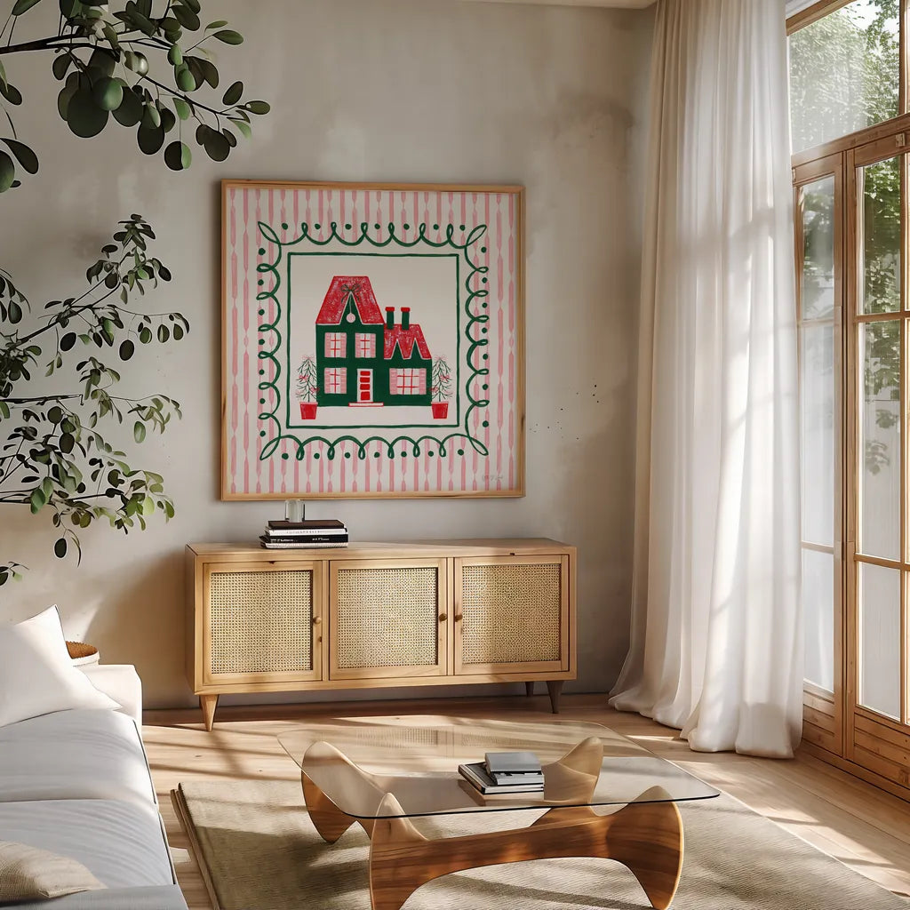 Hearth and Home III by Yvette St. Amant. Shown in a natural wood frame in a cozy modern living room. Available as an archival giclee rolled canvas, fine art paper, or poster print. SKU 100011a.