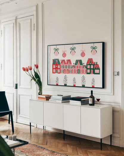 Hearth and Home IX by Yvette St. Amant. shown as a framed stretched canvas in a living room above a console. Available as a archival giclee rolled canvas, fine art paper, or poster print. SKU 100017i.