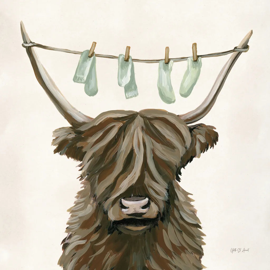 Highland Cow Clothesline by Yvette St. Amant. SKU 89452a. Archival Giclee Fine art print for wall decor.