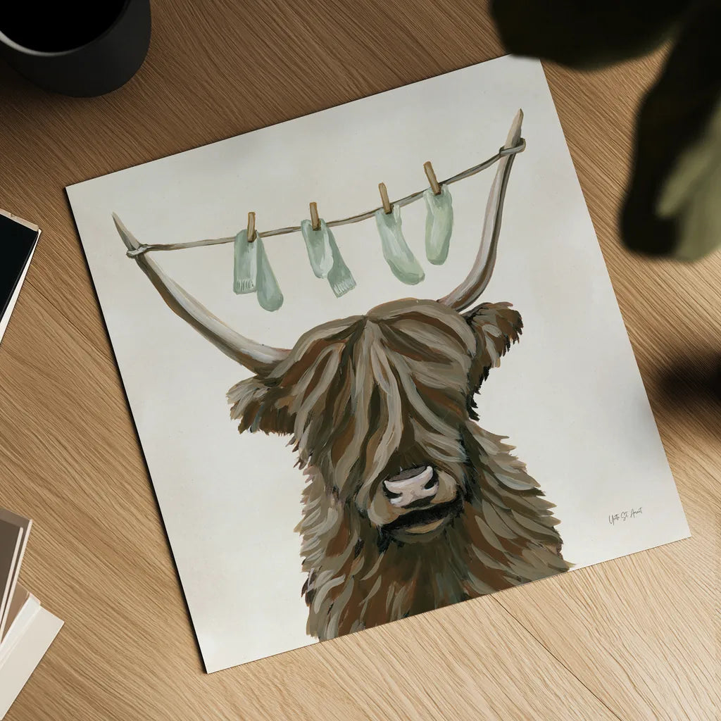 Highland Cow Clothesline by Yvette St. Amant. Shown as a detailed flat fine art print, highlighting archival giclee quality. Available as an archival giclee rolled canvas, fine art paper, or poster print. SKU 89452a.