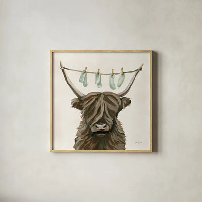Highland Cow Clothesline by Yvette St. Amant. Shown in a natural wood glass frame for a timeless modern aesthetic. Available as an archival giclee rolled canvas, fine art paper, or poster print. SKU 89452a.