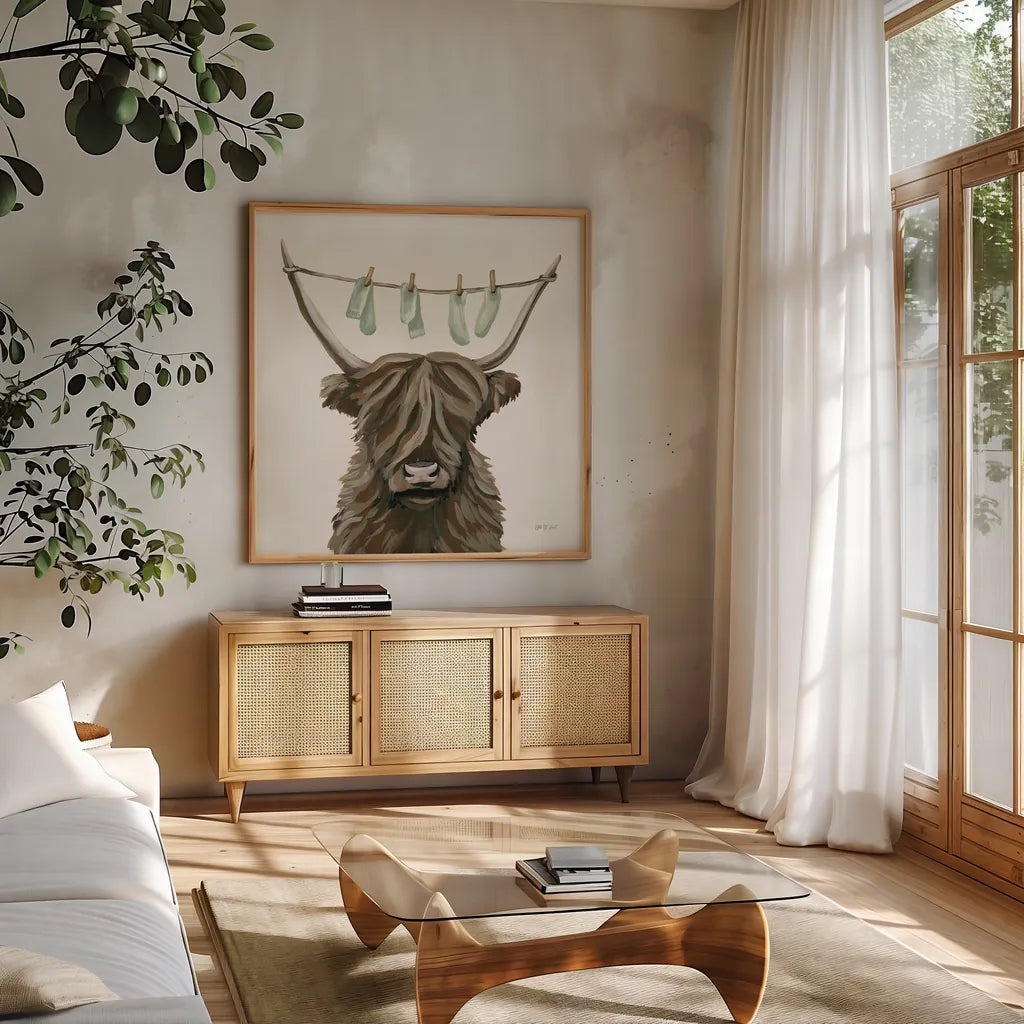 Highland Cow Clothesline by Yvette St. Amant. Shown in a natural wood frame in a cozy modern living room. Available as an archival giclee rolled canvas, fine art paper, or poster print. SKU 89452a.