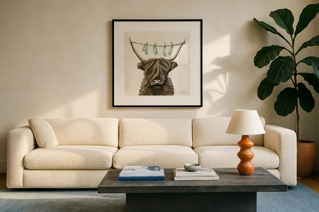 Highland Cow Clothesline by Yvette St. Amant. Displayed in a glass frame with matte in a clean modern living room. Available as an archival giclee rolled canvas, fine art paper, or poster print. SKU 89452a.