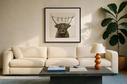 Highland Cow Clothesline by Yvette St. Amant. Displayed in a glass frame with matte in a clean modern living room. Available as an archival giclee rolled canvas, fine art paper, or poster print. SKU 89452a.