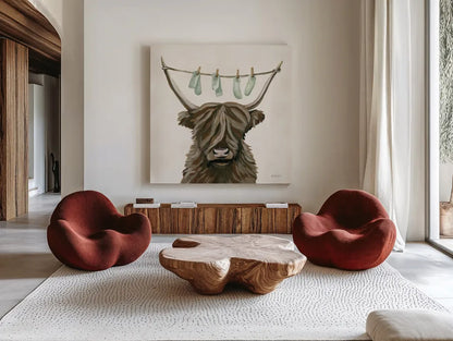 Highland Cow Clothesline by Yvette St. Amant. Shown as extra-large giant wall art in a modern living room. Available as an archival giclee rolled canvas, fine art paper, or poster print. SKU 89452a.