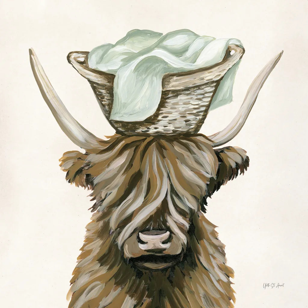 Highland Cow Laundry Basket by Yvette St. Amant. SKU 89453a. Archival Giclee Fine art print for wall decor.