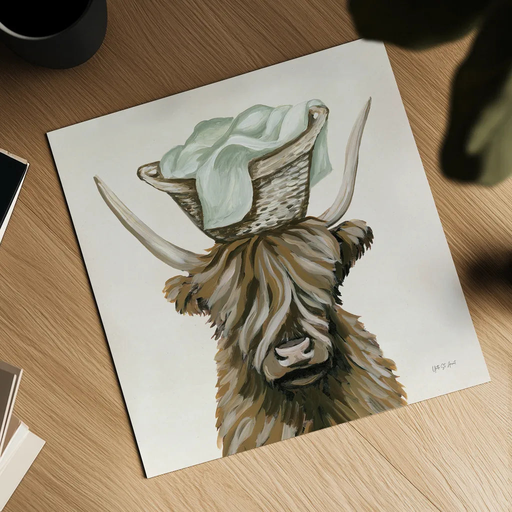Highland Cow Laundry Basket by Yvette St. Amant. Shown as a detailed flat fine art print, highlighting archival giclee quality. Available as an archival giclee rolled canvas, fine art paper, or poster print. SKU 89453a.