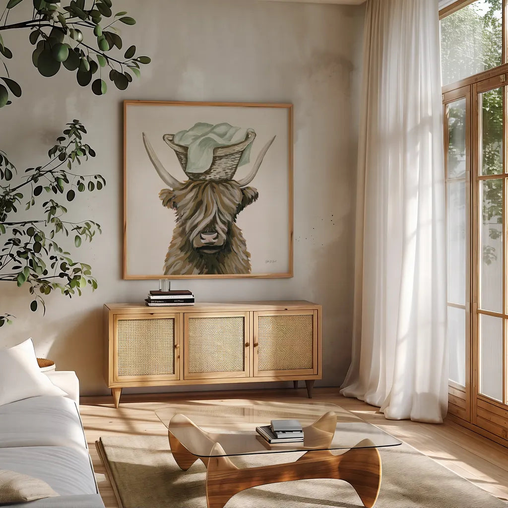 Highland Cow Laundry Basket by Yvette St. Amant. Shown in a natural wood frame in a cozy modern living room. Available as an archival giclee rolled canvas, fine art paper, or poster print. SKU 89453a.
