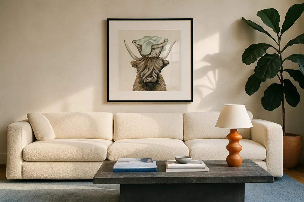 Highland Cow Laundry Basket by Yvette St. Amant. Displayed in a glass frame with matte in a clean modern living room. Available as an archival giclee rolled canvas, fine art paper, or poster print. SKU 89453a.