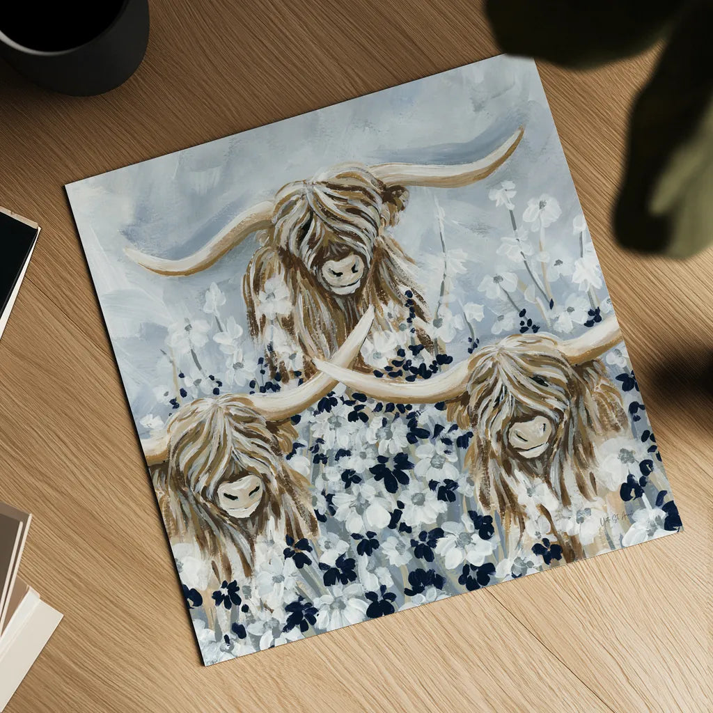 Highlands in the Meadow by Yvette St. Amant. Shown as a detailed flat fine art print, highlighting archival giclee quality. Available as an archival giclee rolled canvas, fine art paper, or poster print. SKU 89496a.