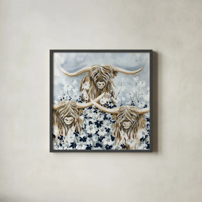 Highlands in the Meadow by Yvette St. Amant. Shown in a sleek black glass frame for a contemporary gallery look. Available as an archival giclee rolled canvas, fine art paper, or poster print. SKU 89496a.