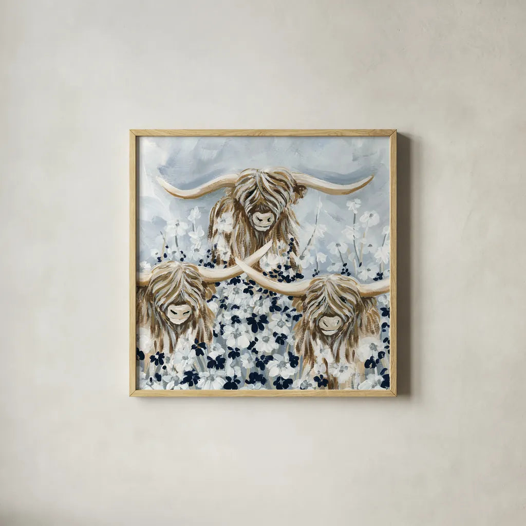 Highlands in the Meadow by Yvette St. Amant. Shown in a natural wood glass frame for a timeless modern aesthetic. Available as an archival giclee rolled canvas, fine art paper, or poster print. SKU 89496a.