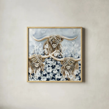 Highlands in the Meadow by Yvette St. Amant. Shown in a natural wood glass frame for a timeless modern aesthetic. Available as an archival giclee rolled canvas, fine art paper, or poster print. SKU 89496a.