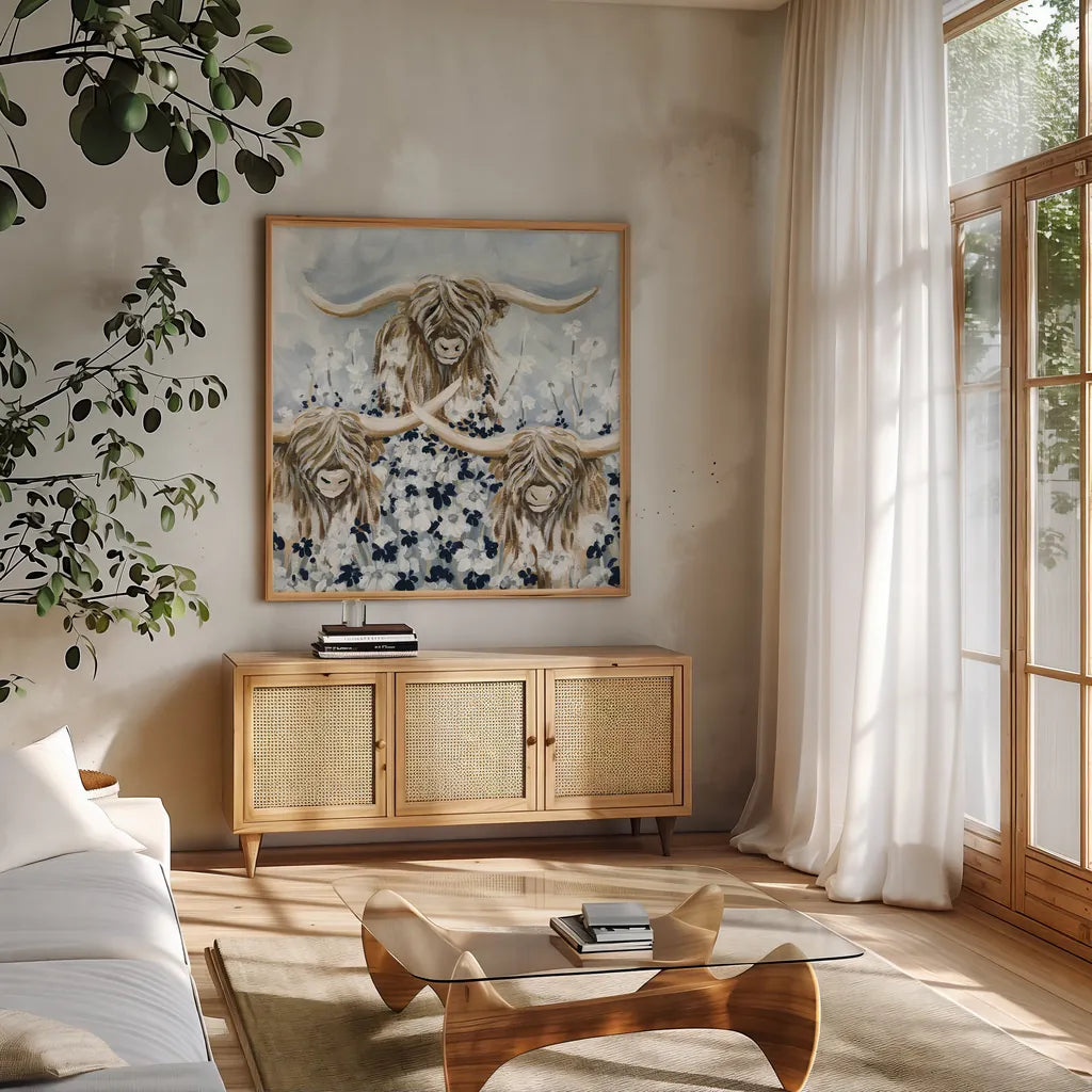 Highlands in the Meadow by Yvette St. Amant. Shown in a natural wood frame in a cozy modern living room. Available as an archival giclee rolled canvas, fine art paper, or poster print. SKU 89496a.