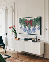 Holiday Tartan and Chinoiserie I by Yvette St. Amant. shown as a framed stretched canvas in a living room above a console. Available as a archival giclee rolled canvas, fine art paper, or poster print. SKU 102441i.