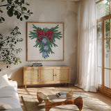 Holiday Tartan and Chinoiserie III by Yvette St. Amant. Shown in a natural wood frame in a cozy modern living room. Available as an archival giclee rolled canvas, fine art paper, or poster print. SKU 102443a.