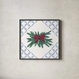 Holiday Tartan and Chinoiserie V by Yvette St. Amant. Shown in a sleek black glass frame for a contemporary gallery look. Available as an archival giclee rolled canvas, fine art paper, or poster print. SKU 102445a.