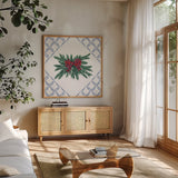 Holiday Tartan and Chinoiserie V by Yvette St. Amant. Shown in a natural wood frame in a cozy modern living room. Available as an archival giclee rolled canvas, fine art paper, or poster print. SKU 102445a.