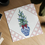 Holiday Tartan and Chinoiserie VI by Yvette St. Amant. Shown as a detailed flat fine art print, highlighting archival giclee quality. Available as an archival giclee rolled canvas, fine art paper, or poster print. SKU 102446a.