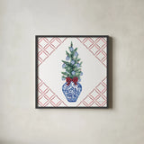 Holiday Tartan and Chinoiserie VI by Yvette St. Amant. Shown in a sleek black glass frame for a contemporary gallery look. Available as an archival giclee rolled canvas, fine art paper, or poster print. SKU 102446a.