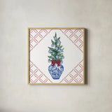 Holiday Tartan and Chinoiserie VI by Yvette St. Amant. Shown in a natural wood glass frame for a timeless modern aesthetic. Available as an archival giclee rolled canvas, fine art paper, or poster print. SKU 102446a.