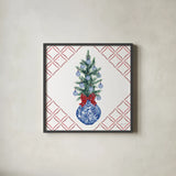 Holiday Tartan and Chinoiserie VII by Yvette St. Amant. Shown in a sleek black glass frame for a contemporary gallery look. Available as an archival giclee rolled canvas, fine art paper, or poster print. SKU 102447a.