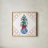 Holiday Tartan and Chinoiserie VII by Yvette St. Amant. Shown in a natural wood glass frame for a timeless modern aesthetic. Available as an archival giclee rolled canvas, fine art paper, or poster print. SKU 102447a.