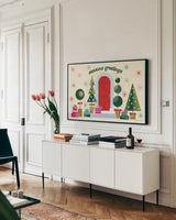 Home for the Holidays I by Yvette St. Amant. shown as a framed stretched canvas in a living room above a console. Available as a archival giclee rolled canvas, fine art paper, or poster print. SKU 95351i.
