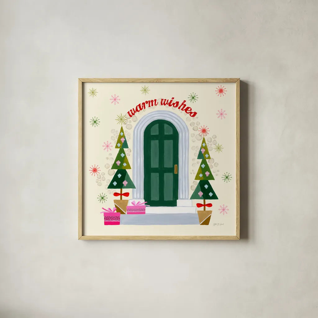Home for the Holidays II by Yvette St. Amant. Shown in a natural wood glass frame for a timeless modern aesthetic. Available as an archival giclee rolled canvas, fine art paper, or poster print. SKU 95352a.