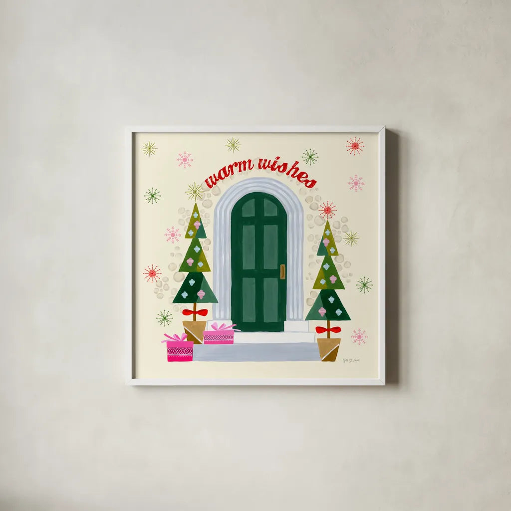 Home for the Holidays II by Yvette St. Amant. Shown in a crisp white glass frame for a clean and minimalist style. Available as an archival giclee rolled canvas, fine art paper, or poster print. SKU 95352a.