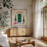Home for the Holidays II by Yvette St. Amant. Shown in a natural wood frame in a cozy modern living room. Available as an archival giclee rolled canvas, fine art paper, or poster print. SKU 95352a.