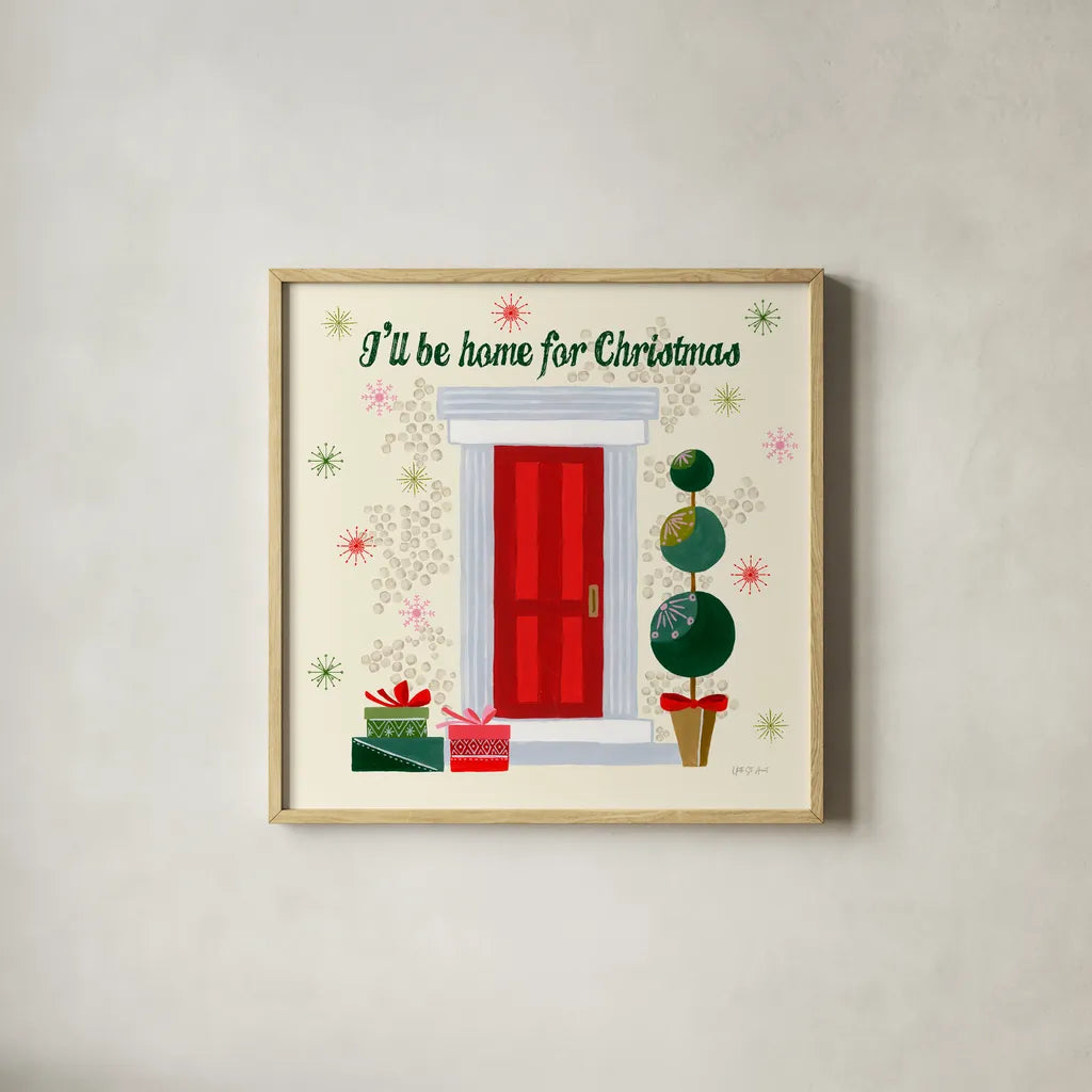 Home for the Holidays III by Yvette St. Amant. Shown in a natural wood glass frame for a timeless modern aesthetic. Available as an archival giclee rolled canvas, fine art paper, or poster print. SKU 95353a.