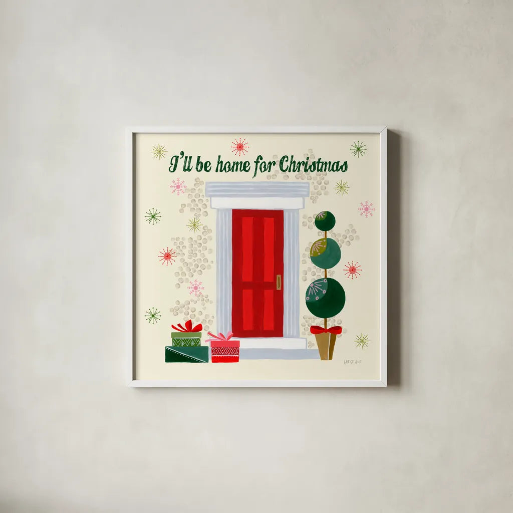 Home for the Holidays III by Yvette St. Amant. Shown in a crisp white glass frame for a clean and minimalist style. Available as an archival giclee rolled canvas, fine art paper, or poster print. SKU 95353a.