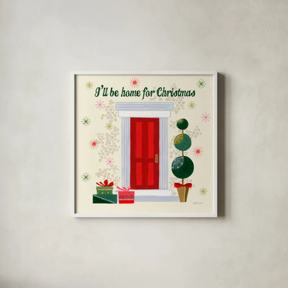 Home for the Holidays III by Yvette St. Amant. Shown in a crisp white glass frame for a clean and minimalist style. Available as an archival giclee rolled canvas, fine art paper, or poster print. SKU 95353a.