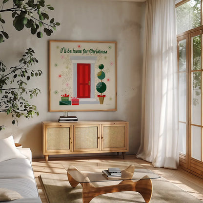 Home for the Holidays III by Yvette St. Amant. Shown in a natural wood frame in a cozy modern living room. Available as an archival giclee rolled canvas, fine art paper, or poster print. SKU 95353a.