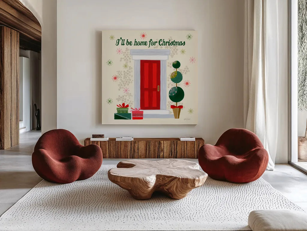 Home for the Holidays III by Yvette St. Amant. Shown as extra-large giant wall art in a modern living room. Available as an archival giclee rolled canvas, fine art paper, or poster print. SKU 95353a.