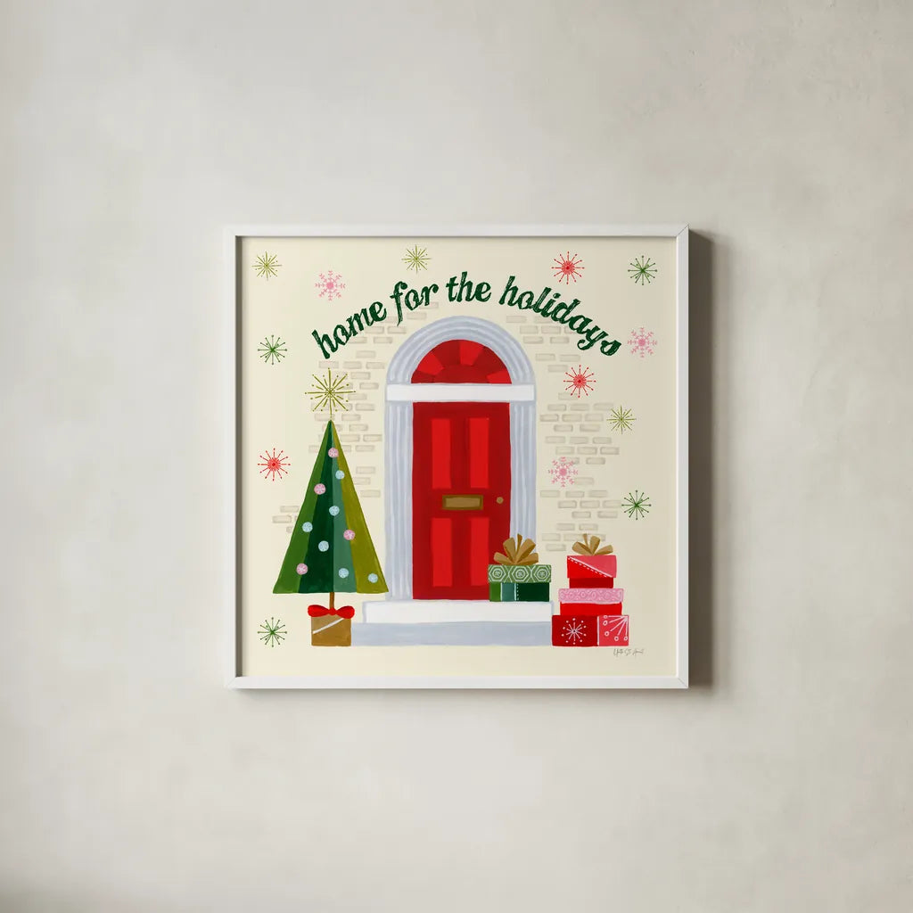 Home for the Holidays IV by Yvette St. Amant. Shown in a crisp white glass frame for a clean and minimalist style. Available as an archival giclee rolled canvas, fine art paper, or poster print. SKU 95354a.