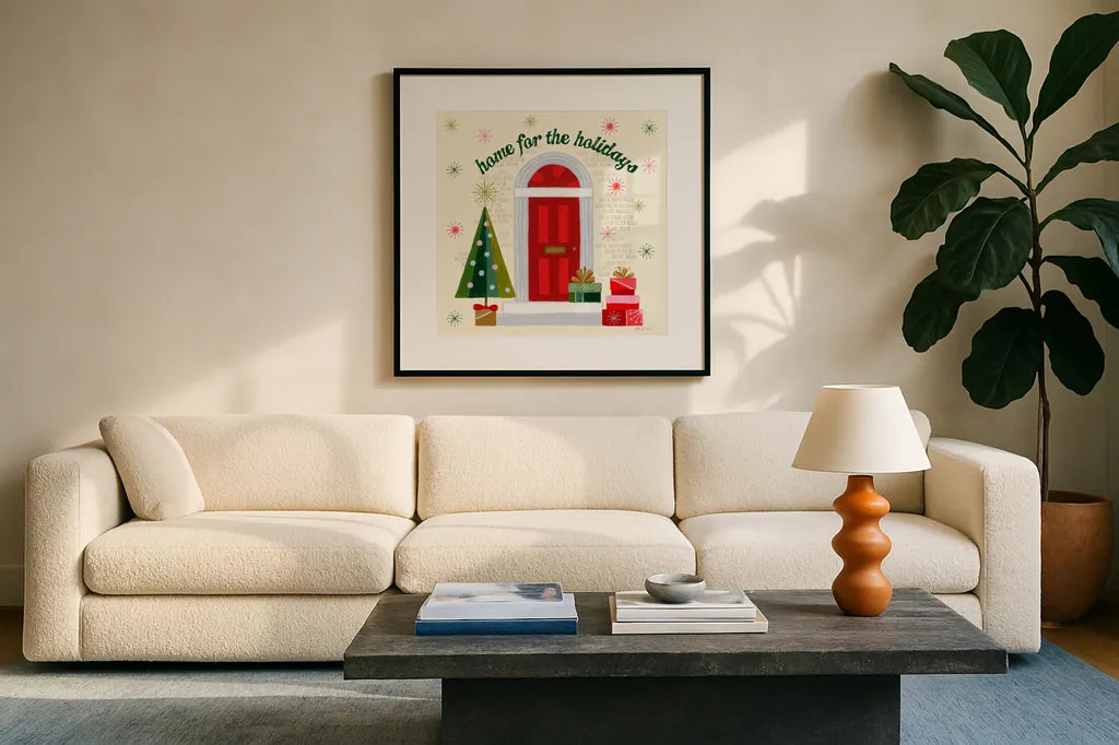 Home for the Holidays IV by Yvette St. Amant. Displayed in a glass frame with matte in a clean modern living room. Available as an archival giclee rolled canvas, fine art paper, or poster print. SKU 95354a.
