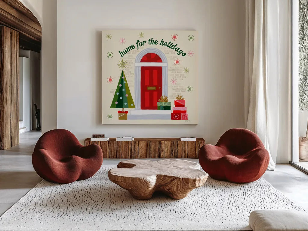 Home for the Holidays IV by Yvette St. Amant. Shown as extra-large giant wall art in a modern living room. Available as an archival giclee rolled canvas, fine art paper, or poster print. SKU 95354a.