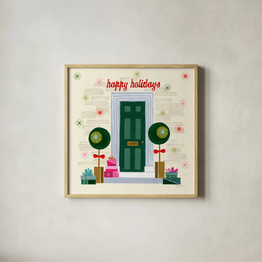 Home for the Holidays V by Yvette St. Amant. Shown in a natural wood glass frame for a timeless modern aesthetic. Available as an archival giclee rolled canvas, fine art paper, or poster print. SKU 95355a.