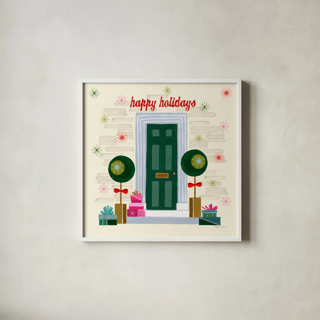 Home for the Holidays V by Yvette St. Amant. Shown in a crisp white glass frame for a clean and minimalist style. Available as an archival giclee rolled canvas, fine art paper, or poster print. SKU 95355a.