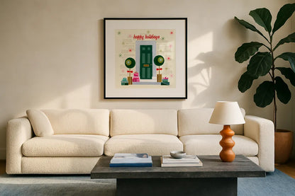 Home for the Holidays V by Yvette St. Amant. Displayed in a glass frame with matte in a clean modern living room. Available as an archival giclee rolled canvas, fine art paper, or poster print. SKU 95355a.