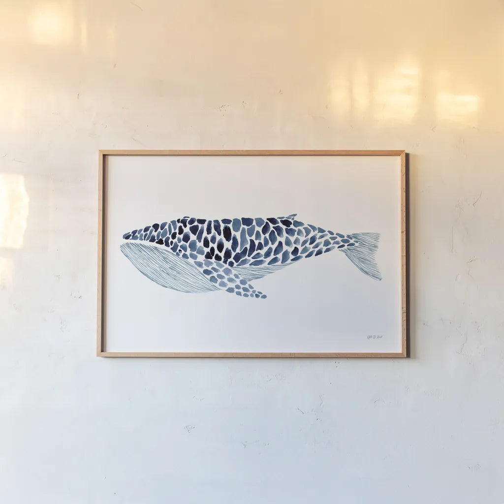 Humpback Whale by Yvette St. Amant. shown as a paper print in a natural frame. Available as a archival giclee rolled canvas, fine art paper, or poster print. SKU 90114i.