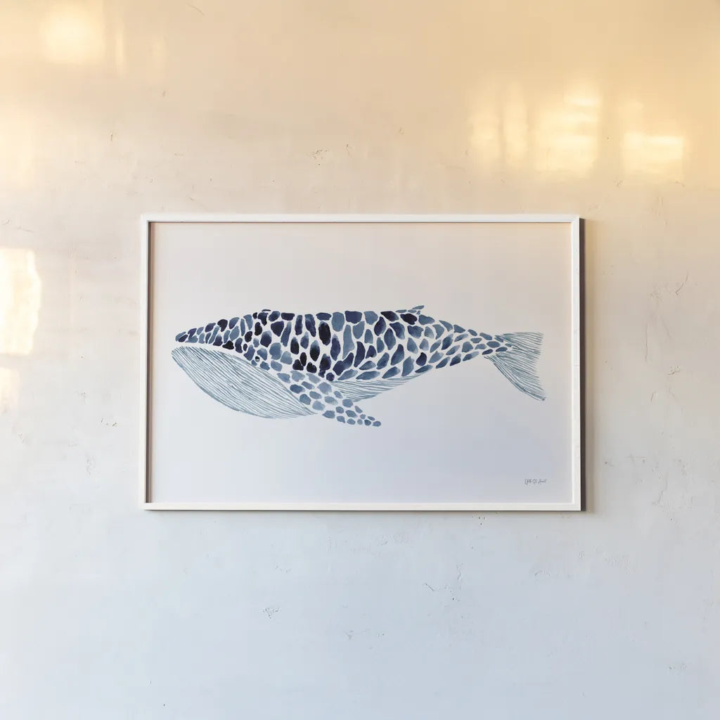 Humpback Whale by Yvette St. Amant. shown as a paper print in a white frame. Available as a archival giclee rolled canvas, fine art paper, or poster print. SKU 90114i.