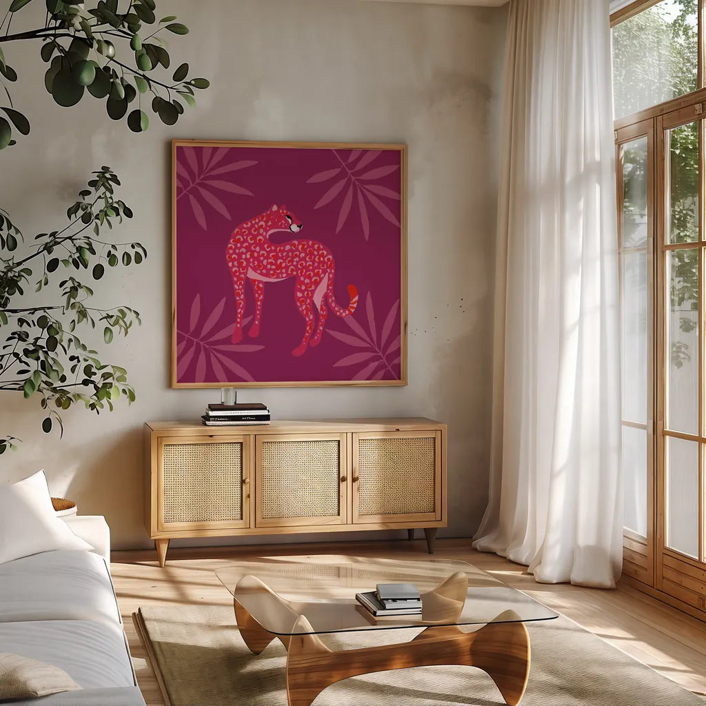 In the Jungle I by Yvette St. Amant. Shown in a natural wood frame in a cozy modern living room. Available as an archival giclee rolled canvas, fine art paper, or poster print. SKU 97334a.