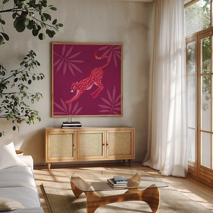 In the Jungle II by Yvette St. Amant. Shown in a natural wood frame in a cozy modern living room. Available as an archival giclee rolled canvas, fine art paper, or poster print. SKU 97335a.