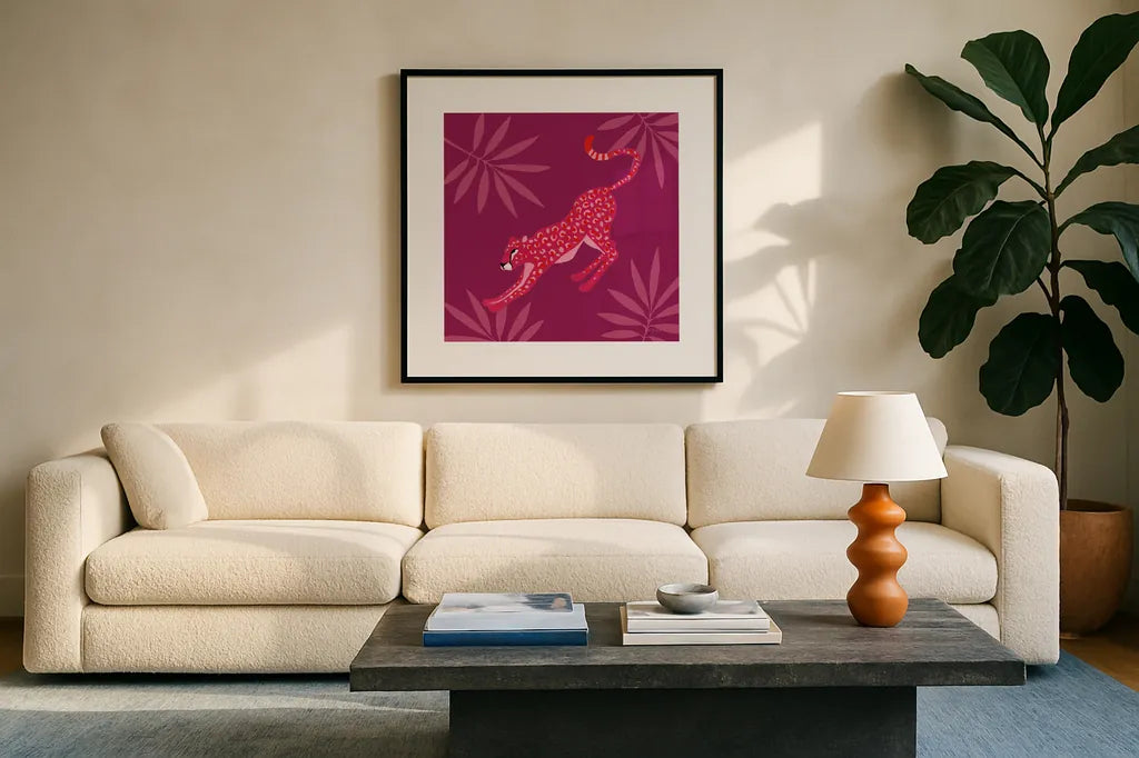 In the Jungle II by Yvette St. Amant. Displayed in a glass frame with matte in a clean modern living room. Available as an archival giclee rolled canvas, fine art paper, or poster print. SKU 97335a.