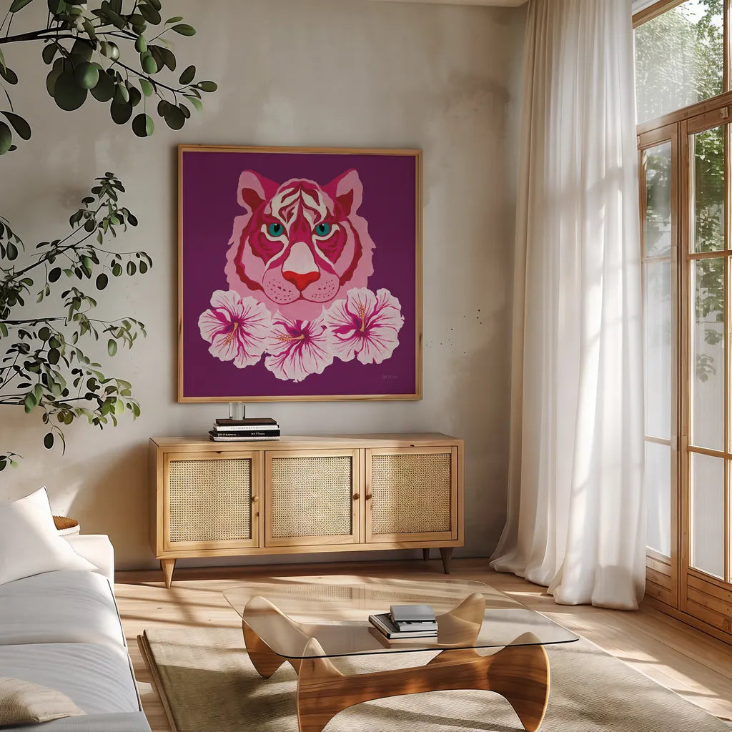 In the Jungle VI by Yvette St. Amant. Shown in a natural wood frame in a cozy modern living room. Available as an archival giclee rolled canvas, fine art paper, or poster print. SKU 97339a.