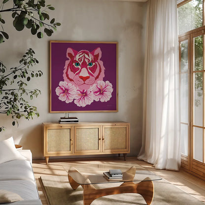 In the Jungle VI by Yvette St. Amant. Shown in a natural wood frame in a cozy modern living room. Available as an archival giclee rolled canvas, fine art paper, or poster print. SKU 97339a.