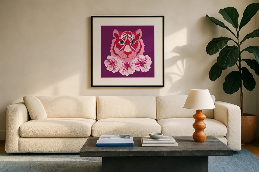 In the Jungle VI by Yvette St. Amant. Displayed in a glass frame with matte in a clean modern living room. Available as an archival giclee rolled canvas, fine art paper, or poster print. SKU 97339a.